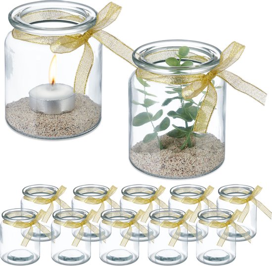 Lot de 12 lanternes Relaxdays - porte-bougies waxine - verres de décoration - boucle dorée