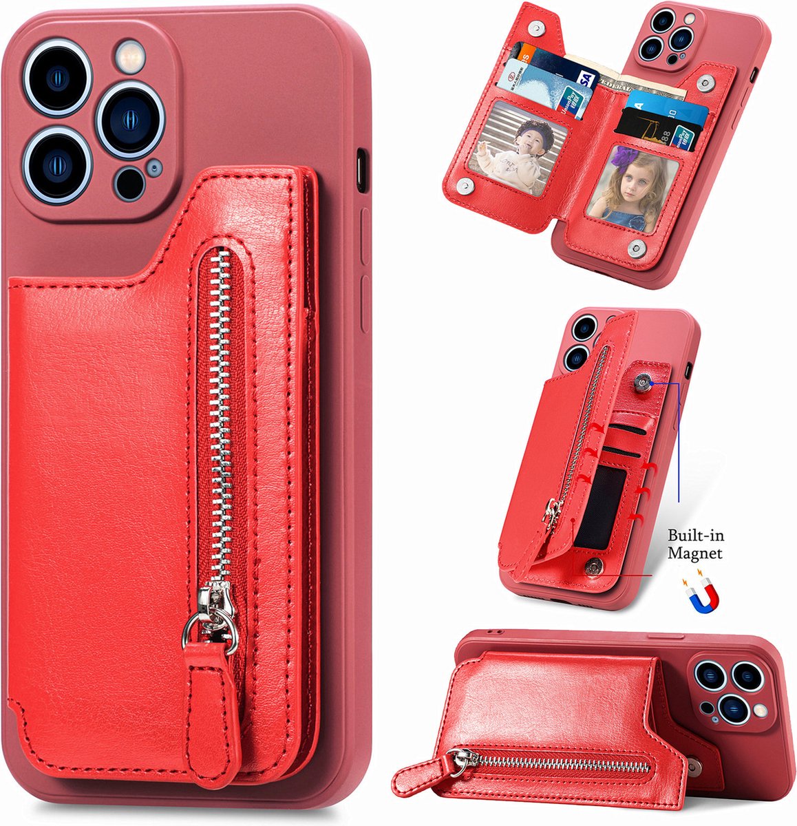 Luxe Hybride Rits Card&Cash Wallet Case + Screenprotector voor iPhone 7 / 8 / SE 2020 / SE 2022 _ Rood