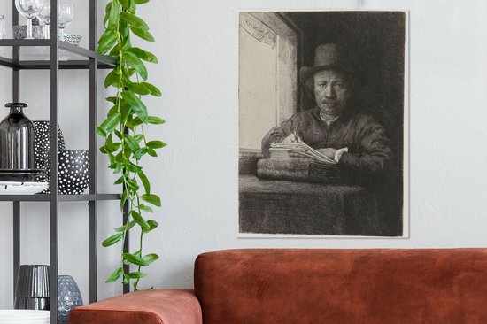 Autoportrait de Rembrandt eau-forte à une fenêtre - Peinture de Rembrandt van Rijn sur toile 60x80 cm - Tirage photo sur toile (Décoration murale salon / chambre)
