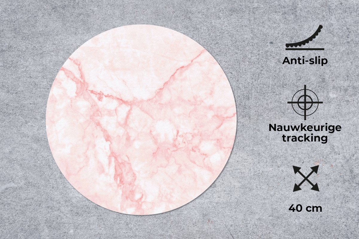 Muismat rond 40x40 cm - Mousepad Marmer - Wit - Roze - Chic - Ronde muismatten