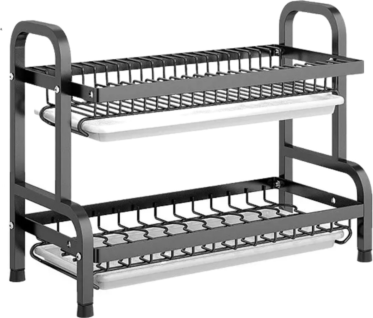 Égouttoir à Vaisselle En Acier Inoxydable Noir 42x31x12 Cm - Pose Sur évier, Avec Plateau à Couverts Amovible, Rangement Pratique Pour Petite Cuisine