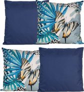 Anna Collection Coussins de canapé/décoration/jardin - intérieur/extérieur - set 4x pièces - bleu foncé/imprimé tropical - 45 x 45 cm