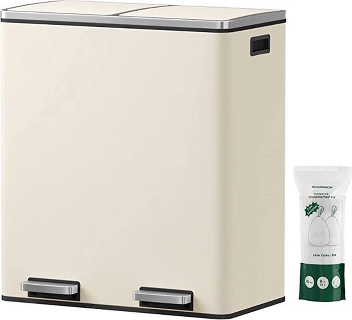 Hoppa! Dubbele vuilnisbak, 2 x 30 L keukenbak met twee compartimenten en 15 vuilniszakken, metalen pedaalemmer met plastic binnenemmers en deksels, softclose, geurafdichting, wolkwit