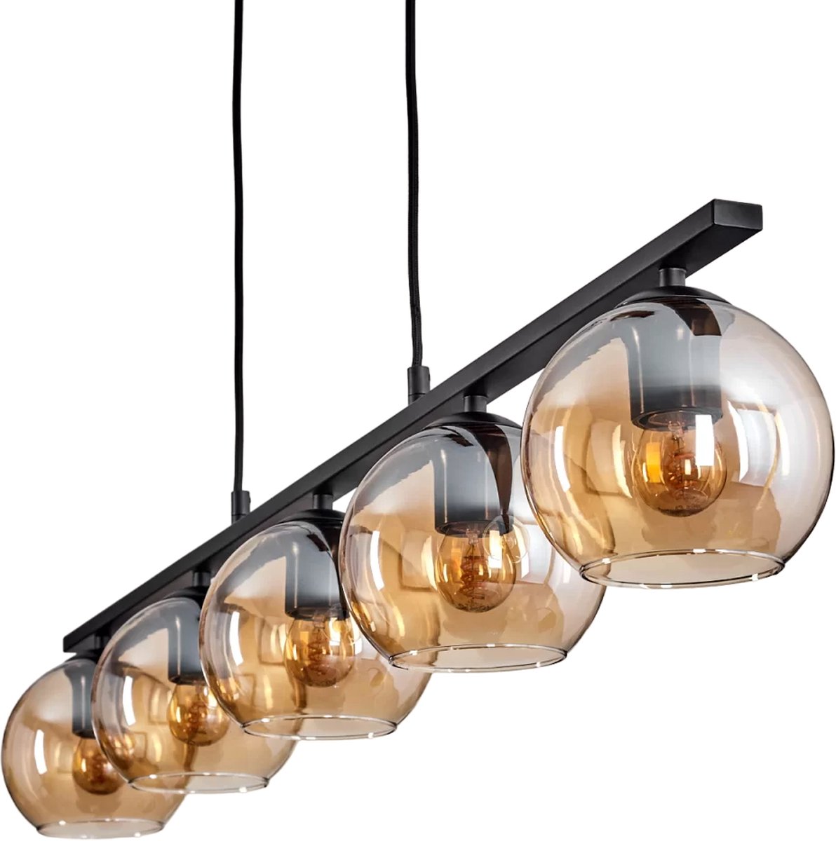 Vintage moderne glazen hanglamp - langwerpig amber glazen moderne plafondlamp - hanglamp, metaal/glas hanglamp in zwart/amber, 5-lamps armatuur in vintage/retro design met glazen kappen (Ø 15 cm), max. hoogte 111 cm, 5 x E27