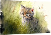 Dibond - Tekening van Bruinharige Kitten tussen de Hoge Grassprieten - 150x100 cm Foto op Aluminium (Met Ophangsysteem)