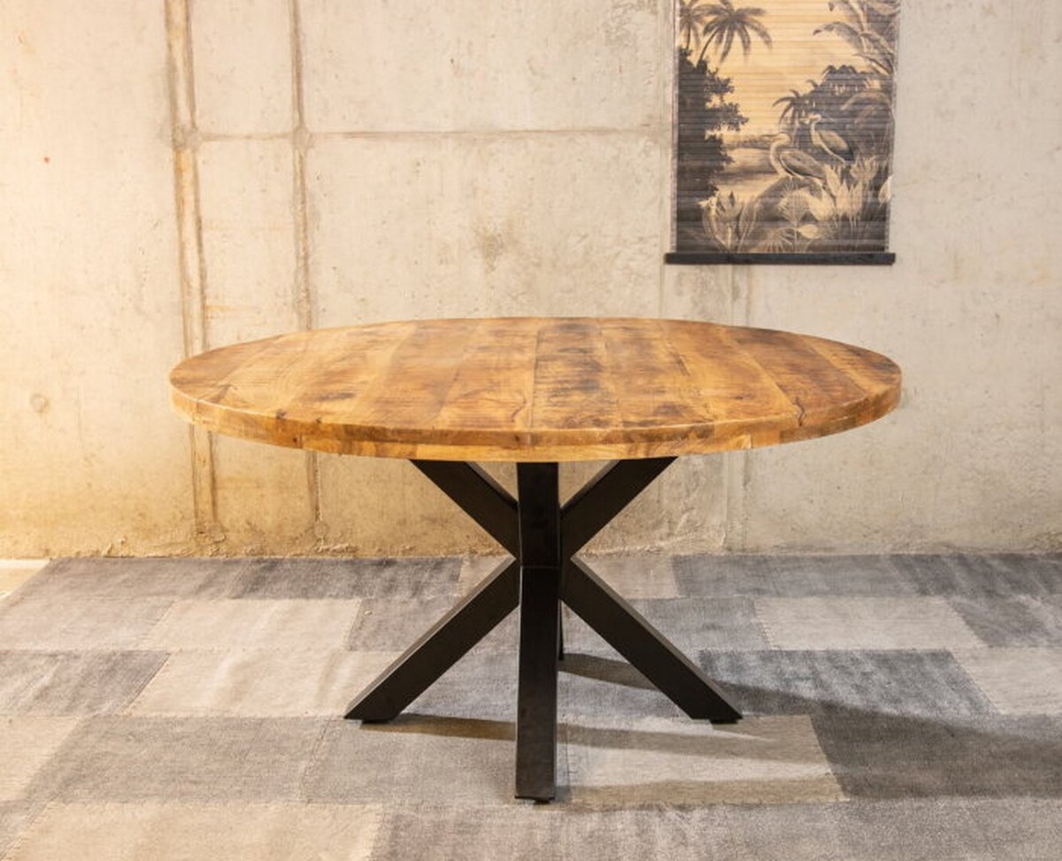 Meubelplaats Ronde Mango Eettafel Spider 100x100x77 cm - 5 cm dik blad - Industrieel Design - Massief Mangohout Bruin