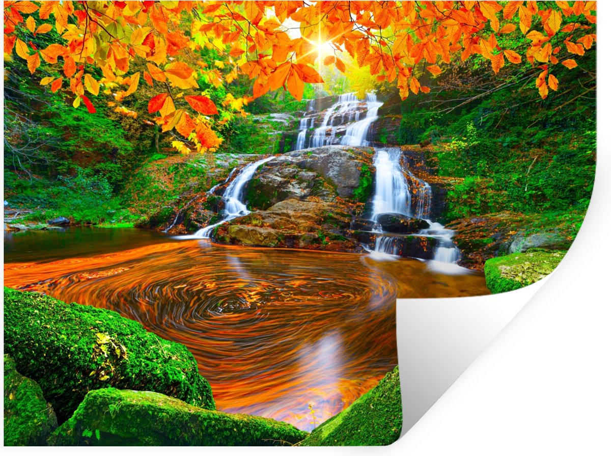 Muurstickers - Sticker Folie - Natuur - Waterval - Stenen - Mos - Bladeren - Groen - 40x30