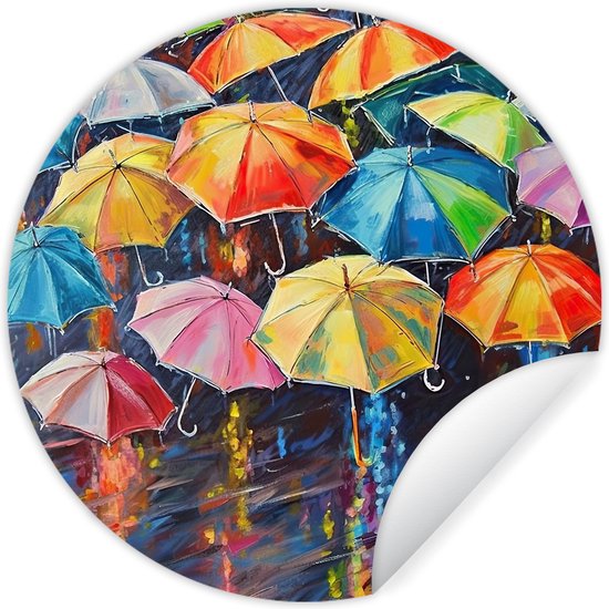 WallCircle - Muurstickers - Behangcirkel - Paraplu's - Schilderij - Kunst - Regenboog - ⌀ 120 cm - Muurcirkel - Zelfklevend - Ronde Behangsticker XXL