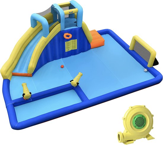 Foto: Mara opblaasbaar speelzwembad 6 in 1 springkasteel waterpark met glijbaan klimwand waterpistool voetbaldoel inclusief ventilator 526 x 373 x 205 cm