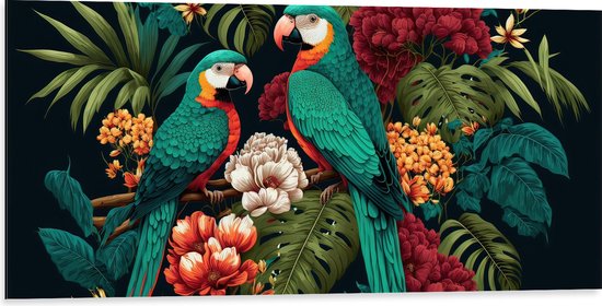 Dibond - Schilderij van Twee Papegaaien tussen de Kleurrijke Bloemen en Planten - 100x50 cm Foto op Aluminium (Met Ophangsysteem)
