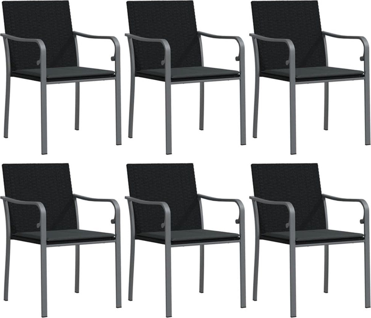 vidaXL - Tuinstoelen - 6 - st - met - kussens - 56x59x84 - cm - poly - rattan - zwart