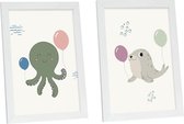 Deknudt Frames - ingelijste poster voor kinderkamer - 2 posters 20x30cm in wit kader - octopus en zeehond - babykamer decoratie - dieren posters
