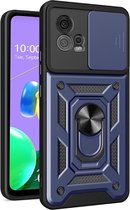 Hoesje met Camera Slider Geschikt voor de Motorola Moto G72 - Back Cover met Standaard - Uitklapbare Kickstand Ring - Beschermhoes TPU - Magneet voor Auto Houder Blauw
