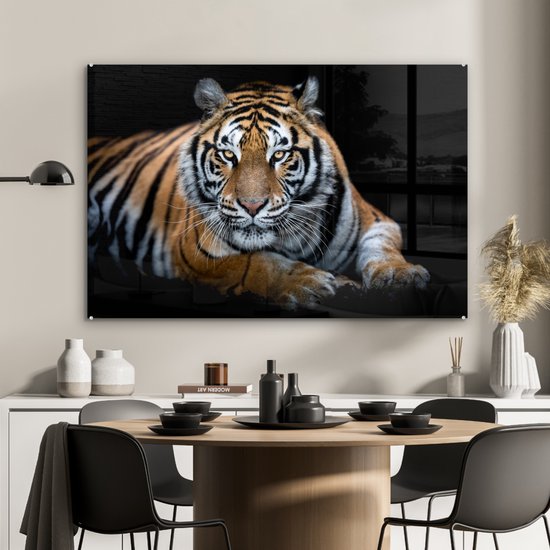 MuchoWow® Peinture sur verre - Portrait - Tigre - Zwart - 120x80 cm - Peintures sur verre acrylique - Photo sur Glas