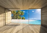 Fotobehang - Vlies Behang - 3D Raamzicht op de Palmbomen op het Strand bij Zee - 368 x 254 cm