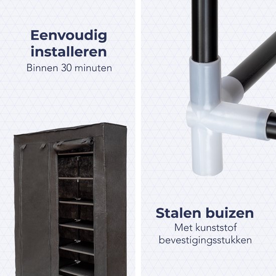 Montage van stalen buizen met kunststof koppelstukken voor een zwart stoffen schoenenrek.