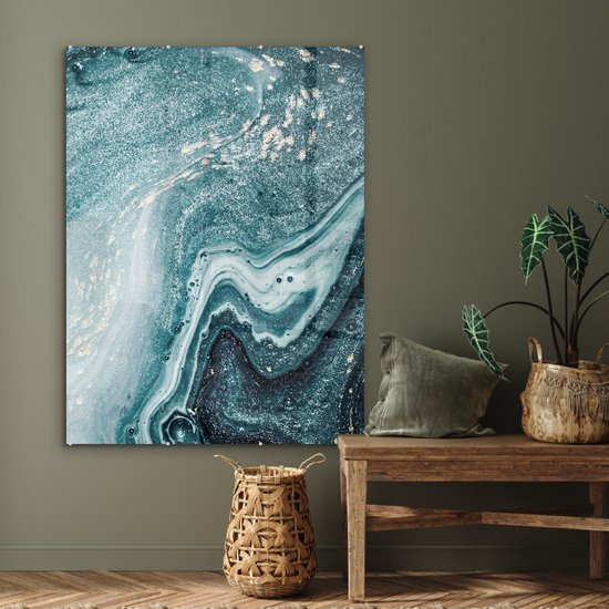 MuchoWow® Peinture sur verre 90x120 cm - Peinture sur verre - Pierres précieuses - Blauw - Nature - Marbre - Abstrait - Photo sur verre acrylique - Peintures