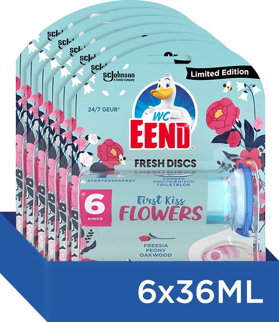 Foto: Wc eend fresh discs first kiss flowers limited edition geur 1 houder 1 navulling met 6 discs toiletblokken 6 x 36 ml