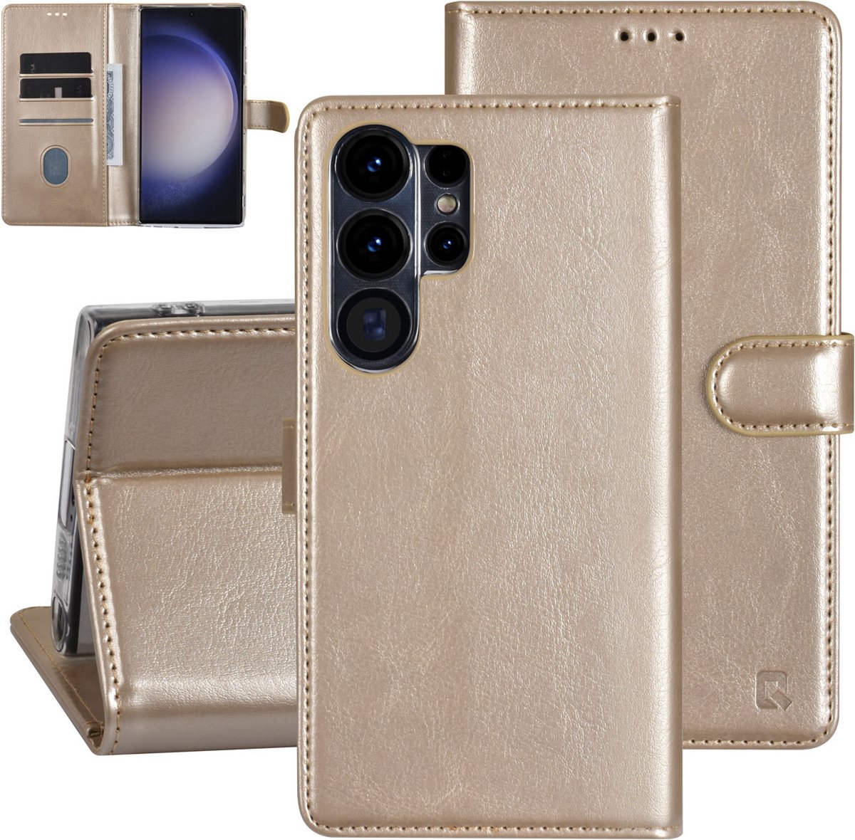 UNIQ Accessory Galaxy S23 Ultra Book Case hoesje - Pasjeshouder voor 3 pasjes - Magneetsluiting - Hanger - Goud