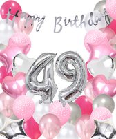 Snoes Ballonnen 49 Jaar Pink Blush Silver Mega Ballon - Compleet Feestpakket 49 Jaar - Verjaardag Versiering Slinger Happy Birthday – Folieballon – Latex Ballonnen - Helium Ballonnen - Zilver en Roze Verjaardag Decoratie