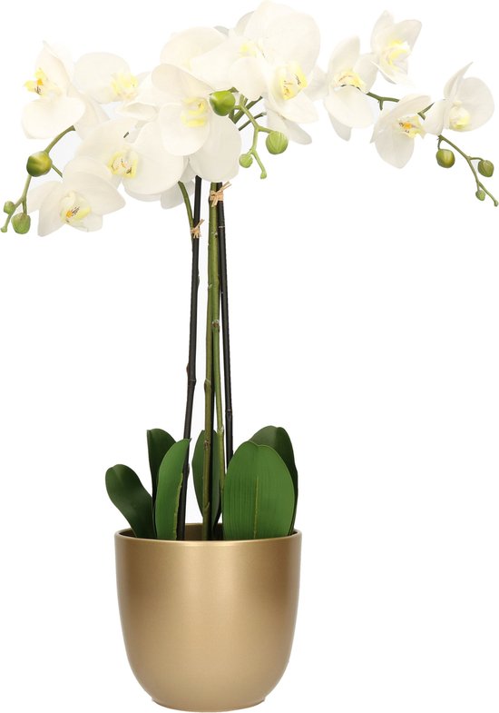 Orchidee kunstplant wit - 75 cm - inclusief bloempot goud glans - Kunstbloemen in pot