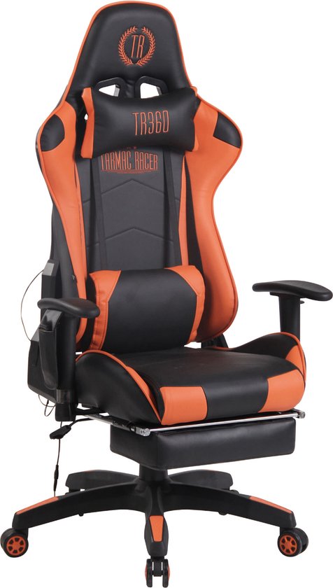 Bureaustoel - Game stoel - Massagefunctie - Voetensteun - In hoogte verstelbaar - Kunstleer - Oranje/zwart - 51x67x138 cm