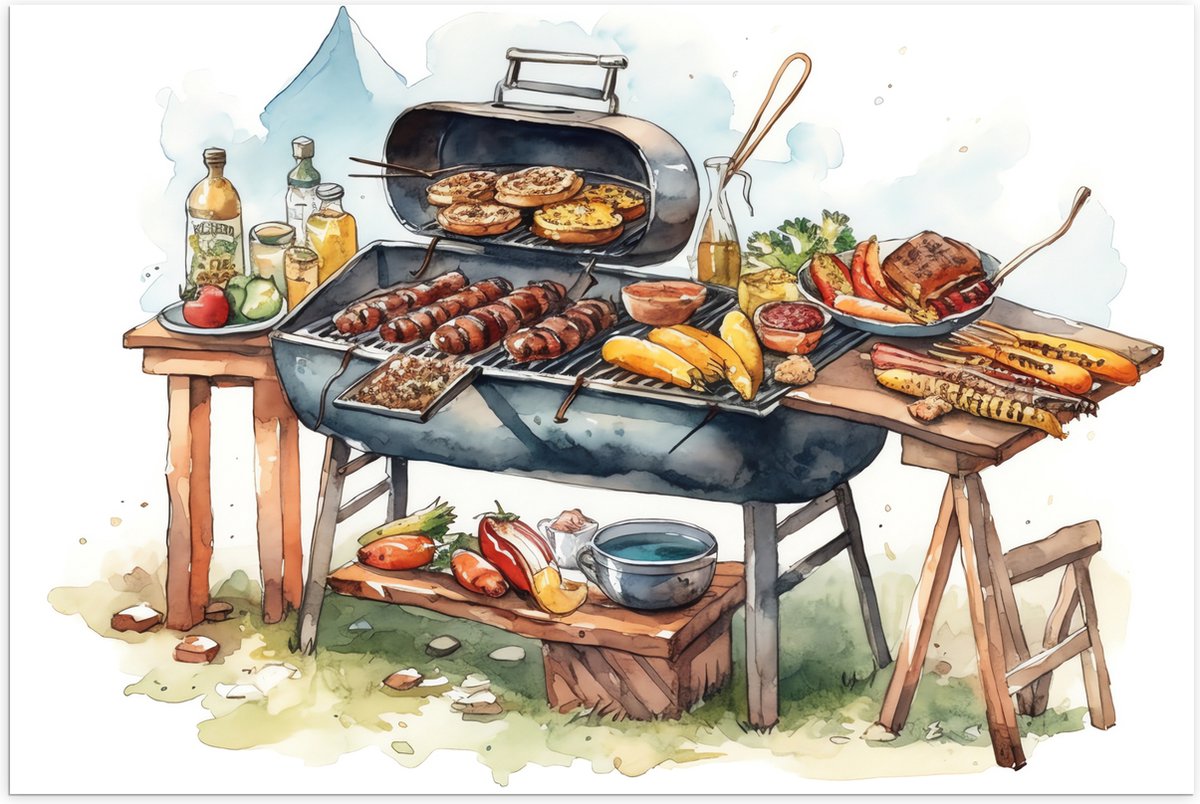 Poster (Mat) - Tekening met Barbecue met Eten - 60x40 cm Foto op Posterpapier met een Matt