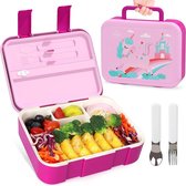 Bento Lunchbox voor kinderen, 1,25 l, bentobox, lunchcontainers met 5 vakken, lunchbox voor peuters met sauspot/lepel en vork (Roze)