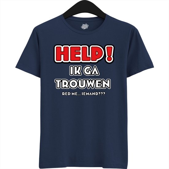 Help! Ik Ga Trouwen | Vrijgezellenfeest Cadeau Man - Groom To Be Bachelor Party - Grappig Bruiloft En Bruidegom Bier Shirt - T-Shirt - Unisex - Navy Blue - Maat 3XL