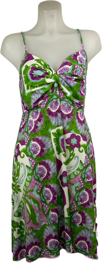 Angelle Milan – Travelkleding voor dames – Groen/Paarse Jurk met Bandjes en Twist - Mouwloos – Ademend – Kreukherstellend – Duurzame jurk - In 5 maten - Maat XL