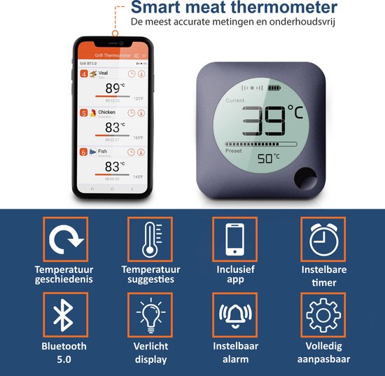 Claire BBQ thermometer - Vleesthermometer - Oventhermometer - Draadloos met app - Incl. Batterijen en 4 meetsondes - Claire