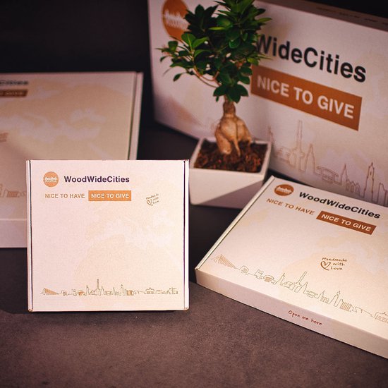 Deux boîtes cadeaux blanches avec une illustration de silhouette, le texte 'NICE TO HAVE NICE TO GIVE', et une petite plante.