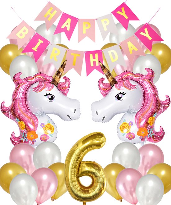 Snoes Ballonnen Set Unicorn 6 Jaar - Verjaardag Versiering Slinger - Folieballon - Helium Ballonnen