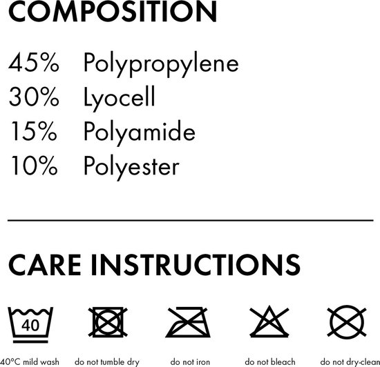 Samenstelling: 45% polypropyleen, 30% lyocell, 15% polyamide, 10% polyester. Wasinstructies.
