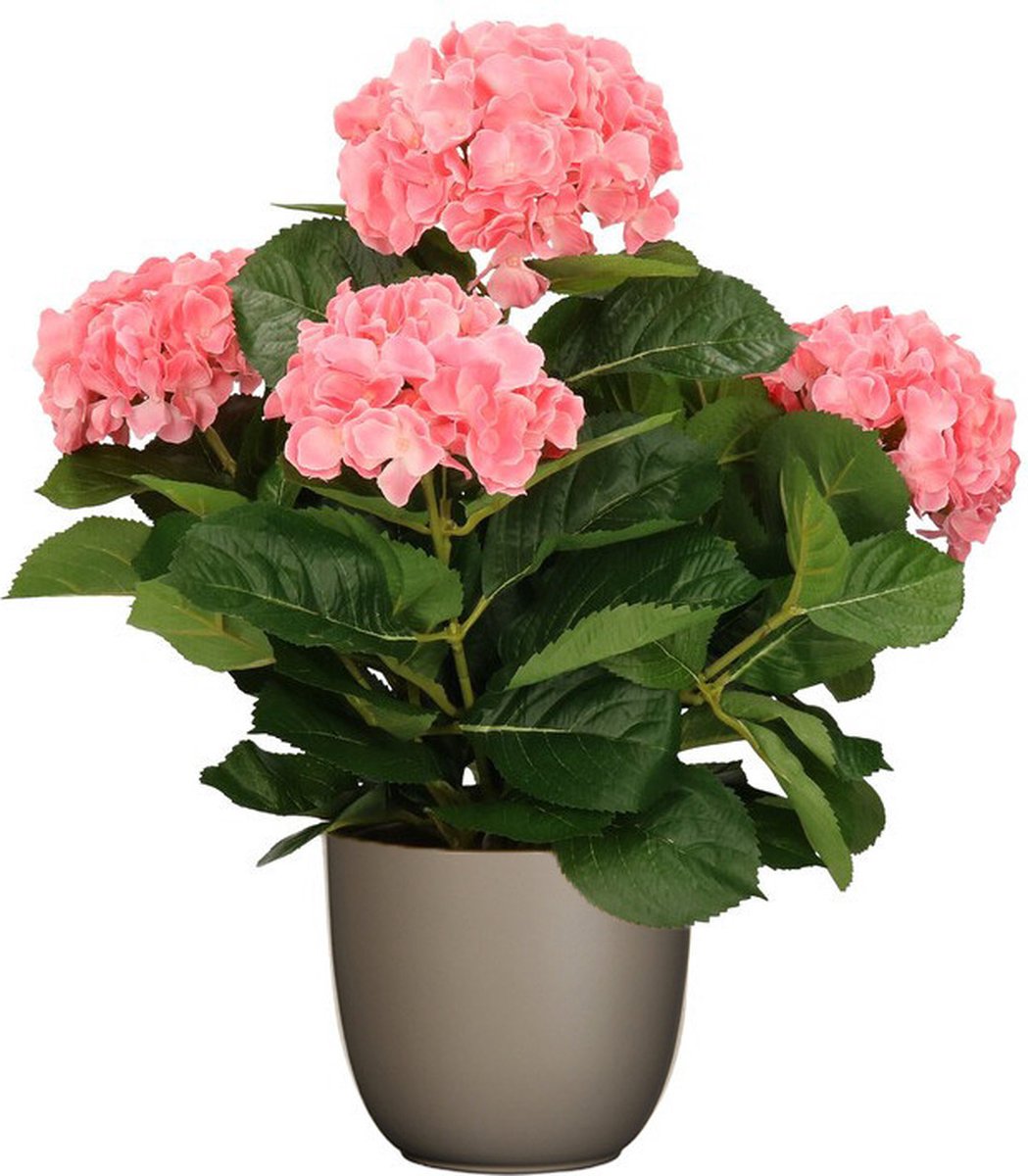 Mica Decorations Hortensia kunstplant/kunstbloemen 45 cm - roze - in pot taupe mat - Kunst kamerplant