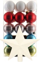 Kerstballen 30 st - gekleurd - 6 cm - met ster piek wit - kunststof