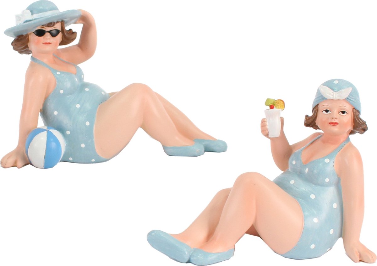 Woonkamer decoratie beeldjes set 2 dikke dames - blauw badpak - 17 cm