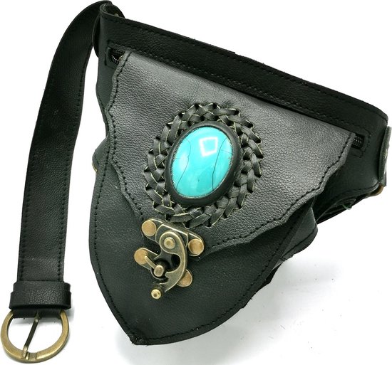 Leren Heuptas Ibiza met Turquoise Steen en haakje zwart - (B x H x D) ca. 16 cm x 18cm x 5 cm