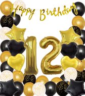 Snoes Ballonnen 12 Jaar Black Gold Dots Mega Ballon - Compleet Feestpakket Goud Zwart Stippen Cijferballon 12 - Verjaardag Versiering DIY Slinger Happy Birthday – Folieballon – Latex Ballonnen - Helium Ballonnen
