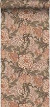ESTAhome papier peint fleurs vintage vieux rose, vert gris et rose terre cuite - 139380 - 50 x 900 cm