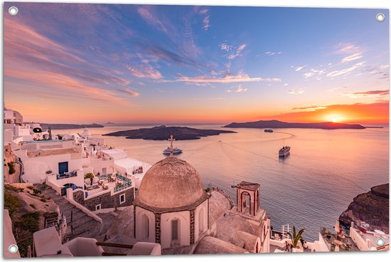 Tuinposter – Uitzicht op Griekse Kustplaats Santorini - 90x60 cm Foto op Tuinposter (wanddecoratie voor buiten en binnen)
