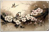 Tuinposter – Tekening van Vogels Vliegend bij Tak met Bloemen - 75x50 cm Foto op Tuinposter (wanddecoratie voor buiten en binnen)