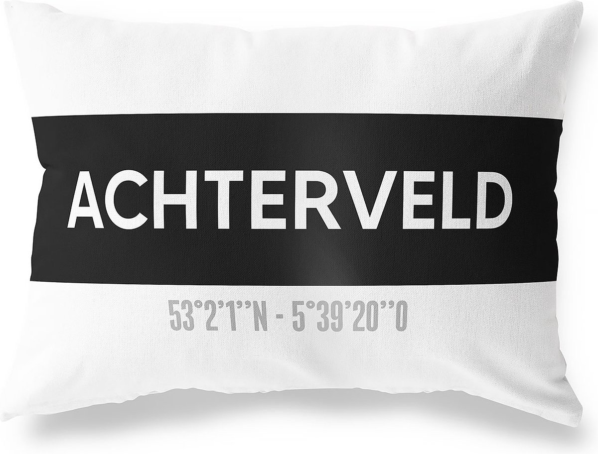 Tuinkussen ACHTERVELD - UTRECHT met coördinaten - Buitenkussen - Bootkussen - Weerbestendig - Jouw Plaats - Studio216 - Modern - Zwart-Wit - 50x30cm