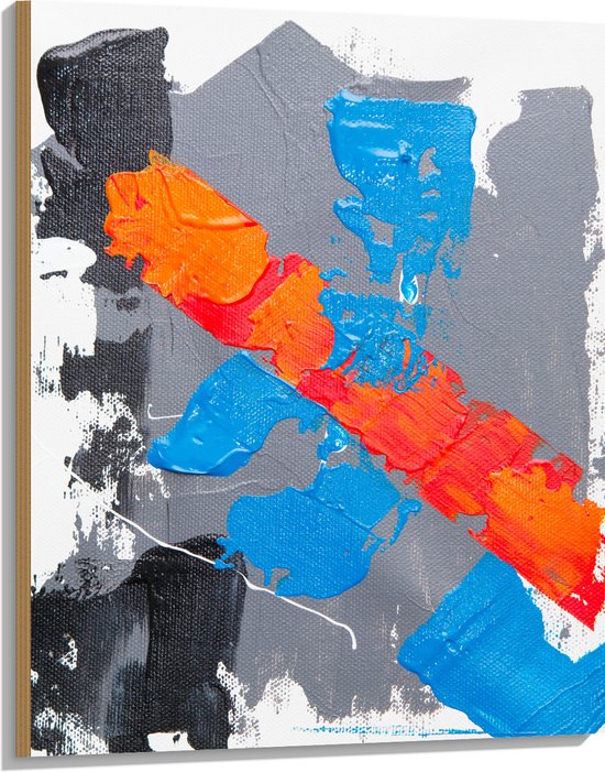 Hout - Grijze, Blauwe en Oranje Verfvakken op Witte Achtrgrond - 75x100 cm - 9 mm dik - Foto op Hout (Met Ophangsysteem)