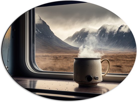 Dibond Ovaal - Stomende Kop Koffie in Camper met Uitzicht op Bergen - 56x42 cm Foto op Ovaal (Met Ophangsysteem)