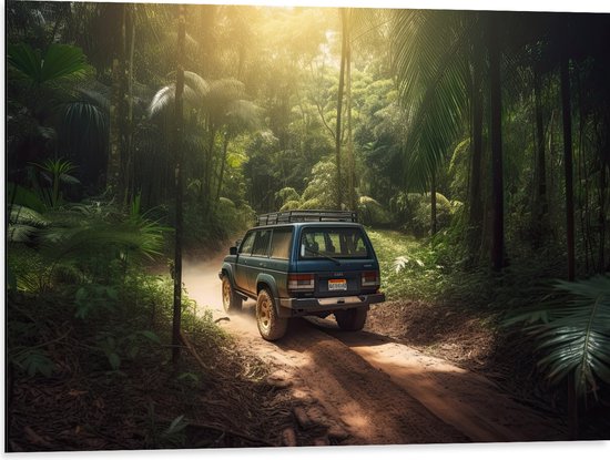 Dibond - Blauwe Truck rijdend door Wegen in de Jungle - 80x60 cm Foto op Aluminium (Met Ophangsysteem)