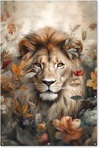 Muurdecoratie Leeuw - Wilde dieren - Planten - Natuur - Bloemen - 120x180 cm - Tuinposter - Tuindoek - Buitenposter