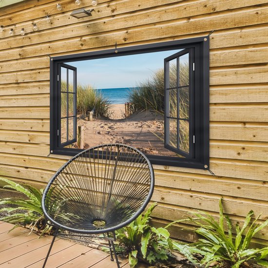 Tuinposter raam - Doorkijk - Strand - Natuur - Zee - Duinen - Planten - Tuindecoratie - Tuindoek - Tuinschilderij voor buiten - Schutting decoratie - Schuttingdoek - 120x80 cm - Tuin - Tuinposters