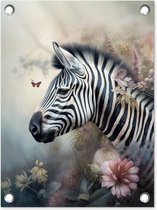 Tuin decoratie Zebra - Wilde dieren - Vlinder - Bloemen - 30x40 cm - Tuindoek - Buitenposter