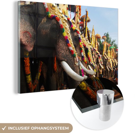 MuchoWow® Glasschilderij 30x20 cm - Schilderij acrylglas - Olifant - Parade - Dieren - Foto op glas - Schilderijen